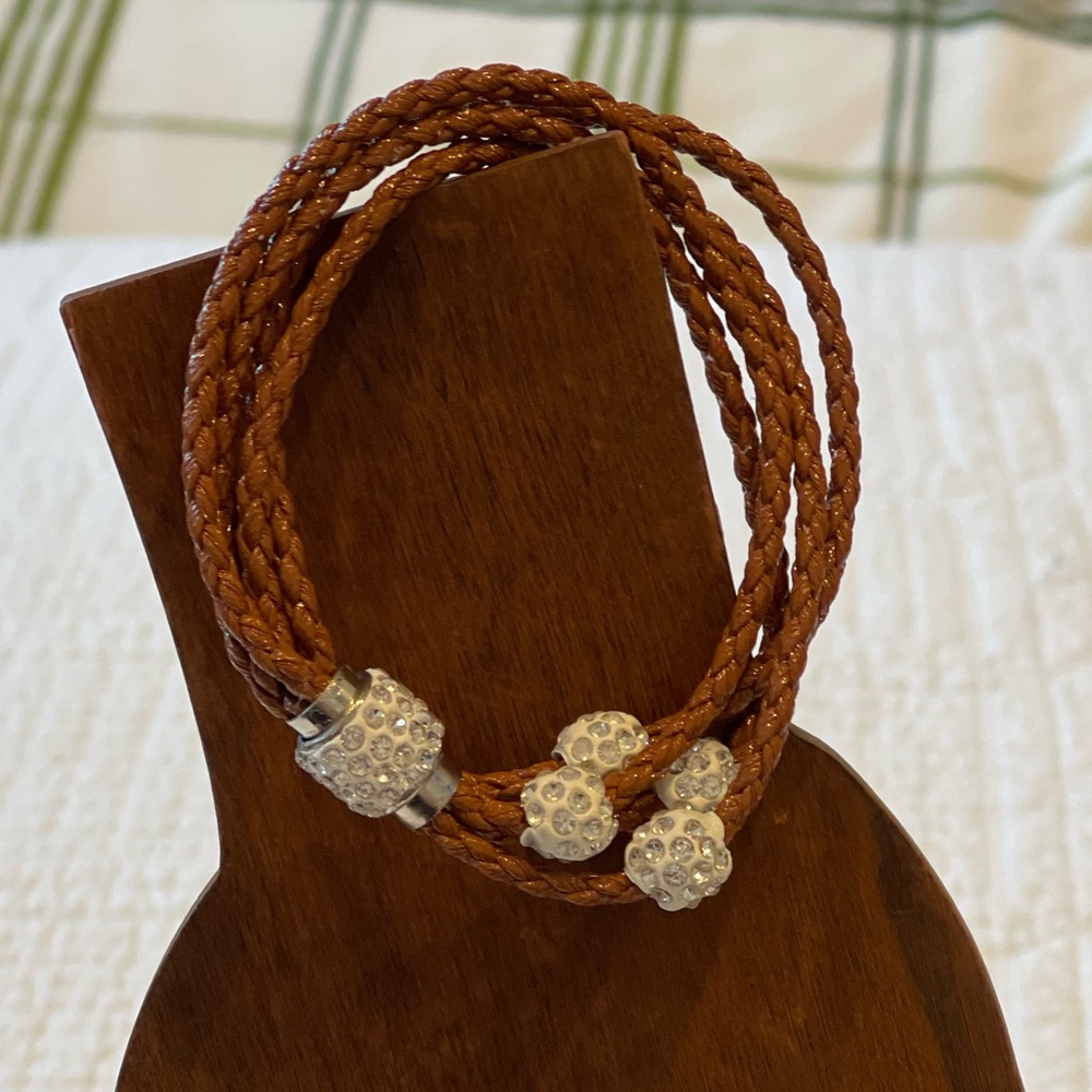 Brown Braided leather multi strand bracelet rhinestone steel magnetic closure